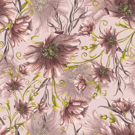 Seamless pattern, watercolor hand drawing, floral print. Vintage poppies, retro style, curly flower. Pattern for the design of gifts, postcards and packaging, fabric.の写真素材