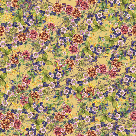 Seamless pattern, watercolor hand drawing, floral print. Blue clematis, pink flowers, cherry, raspberry, blackberry. Pattern for the design of gifts, postcards and packaging, fabric.の写真素材