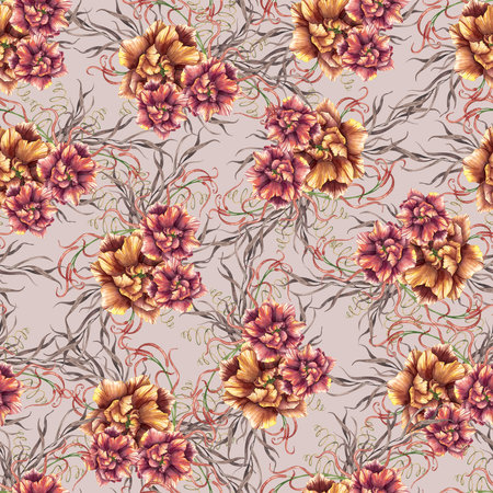 Seamless pattern, watercolor drawing, floral print. Blue clematis, pink flowers, tulips. Pattern for decorating gifts, postcards and packaging, fabric.の写真素材