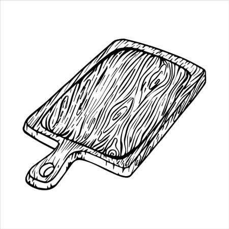 Wooden kitchen utensils, cutting board, dishes, carved wood. Vector doodling graphics. Isolated elements. Hand drawing. Design for product, cards, packaging, crafts, paper and fabric.のイラスト素材