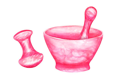 Rose quartz scraper for Gua Sha massage. Scraper and roller made of natural stone of various shapes, pestle and bowl. Beauty skin care tool, watercolor illustration for spa therapy, beauty salon, cosmetology.の写真素材