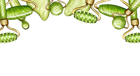 Frame border banner jade scraper for Gua Sha massage. Natural stone scraper and green stone roller of various shapes. Beauty skin care tool, watercolor illustration for salon and cosmetology services.の写真素材