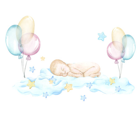 Cute little baby sleeping on a blue cloud; watercolor hand drawn illustration; can be used for baby shower, birthday; with white isolated background flowers, stars, balls.の写真素材