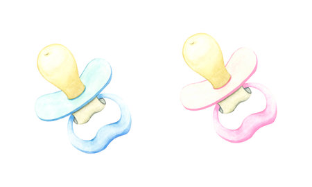 A set of baby bottles and pacifiers, booties, little socks. Watercolor illustration clipart on white...