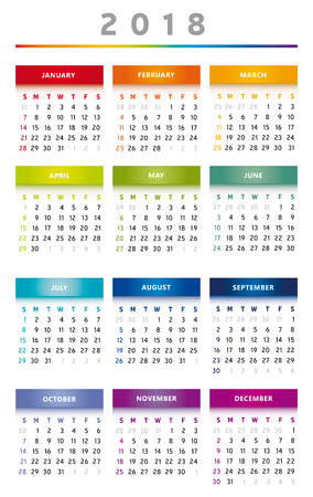 2018 Calendar Rainbow Colors in English - three Columnsのイラスト素材