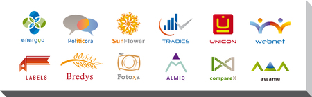 Set of twelve icons and icon designs - multiple colors and elements.のイラスト素材
