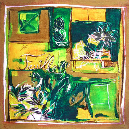 Foliage Original Painting, Modern Illustration - Mixed Media Collaeg - Yellow and Green Colorsの写真素材