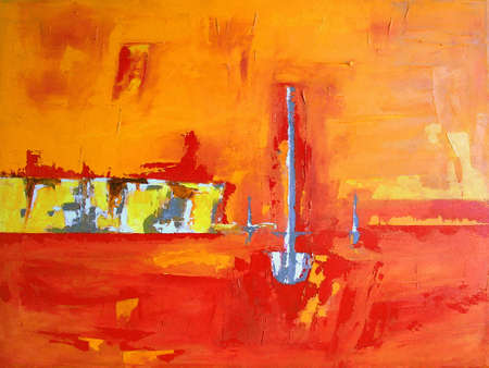 Illustration from original hand drawn Artwork - Abstract Landscape with Boat, Coast, Ocean and Sunset in orange Colorsの写真素材