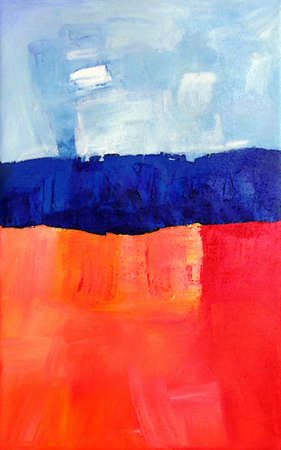 Modern Abstract Art, Painting showing an Ocean Landscape in Blue Orange Colorsの写真素材