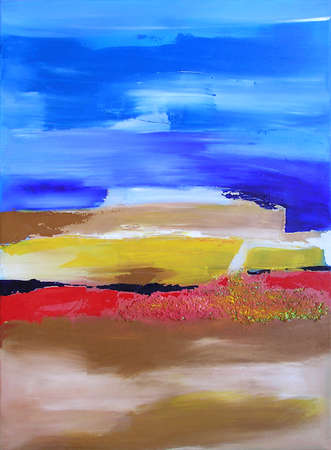 Modern Abstract Art, Painting showing an Ocean and Island Landscape in Blue and Beige Colorsの写真素材