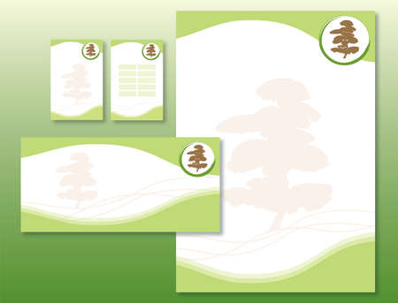 Corporate Identity Set - Japanese Tree in Green and Beige. Contains Letterhead, Business Card, Info Card and Schedule Card Templates - Vectorのイラスト素材