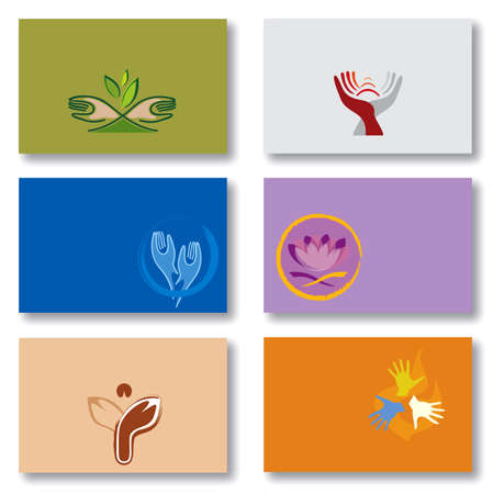 Set of 6 Business Cards in Various Colors. Sprituality, Energy, Lotus Flower and Hands Patternsのイラスト素材