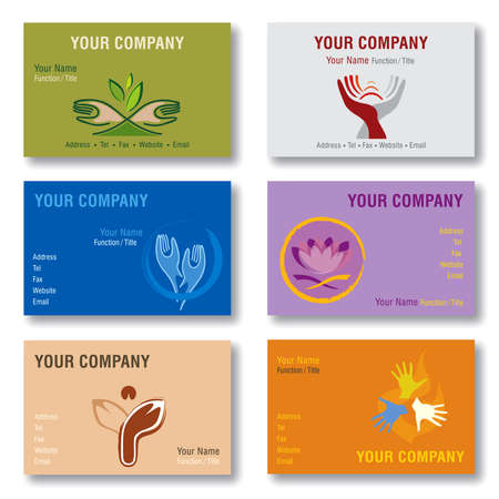 Set of 6 Business Cards in Various Colors. Sprituality, Energy, Lotus Flower and Hands Patternsのイラスト素材
