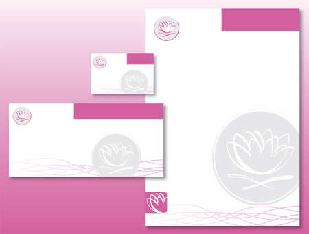 Corporate Identity Set - Lotus Flower Pattern in Pink and Gray. Contains Letterhead, Business Card and Info Card Templates - Vectorのイラスト素材
