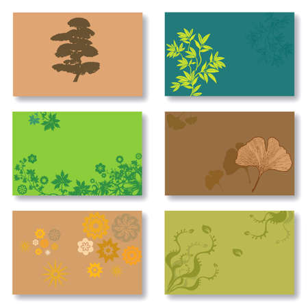 Set of 6 Business Cards in Green and Brown. Vegetal and Floral Patterns. Available in Vector Formatのイラスト素材
