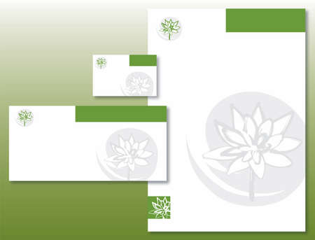 Corporate Identity Set - Lotus Flower Pattern in Green and Gray. Contains Letterhead, Business Card and Info Card Templates. Available in Vectorのイラスト素材