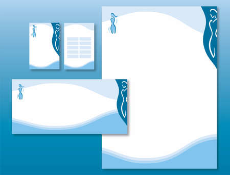 Corporate Identity Set - Woman Body Icon in Blue. Contains Letterhead, Business Card, Schedule Card and Info Card Templates - Vectorのイラスト素材