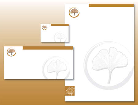 Corporate Identity Set - Ginkgo Leaf in Gold / Brown and Gray. Contains Letterhead, Business Card and Info Card Templates. Available in Vectorのイラスト素材