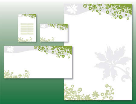Corporate Identity Set - Flower Border in Green and Gray. Contains Letterhead, Business Card, Info Card and Schedule Card Templatesのイラスト素材