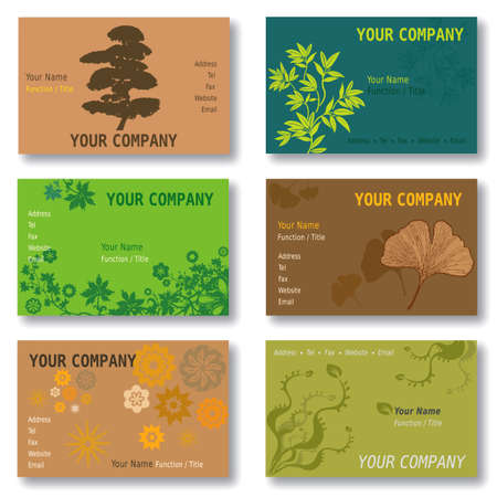 Set of 6 Business Cards in Green and Brown. Vegetal and Floral Patterns. Available in Vector Formatのイラスト素材