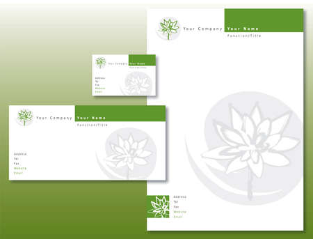 Corporate Identity Set - Lotus Flower Pattern in Green and Gray. Contains Letterhead, Business Card and Info Card Templates. Available in Vectorのイラスト素材