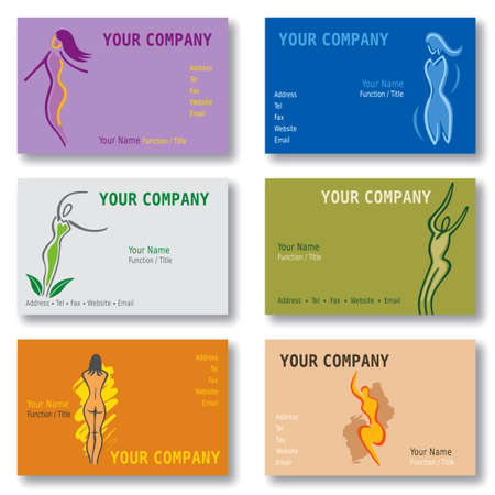 Set of 6 Business Cards - Woman - Body - Wellness - Health - Sports. Available in Vector Formatのイラスト素材