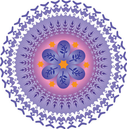 Single Mandala with Abstract Foliage Stars in Purple Orange Colors. Vectorのイラスト素材