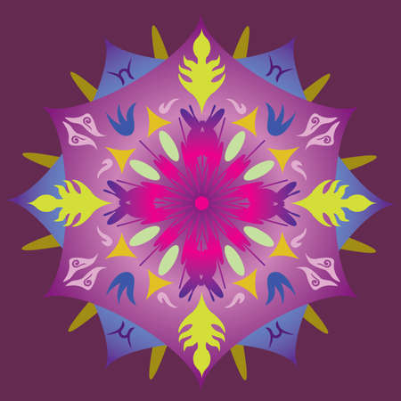 Single Mandala with Abstract Foliage Stars in Rainbow Colors. Vectorのイラスト素材