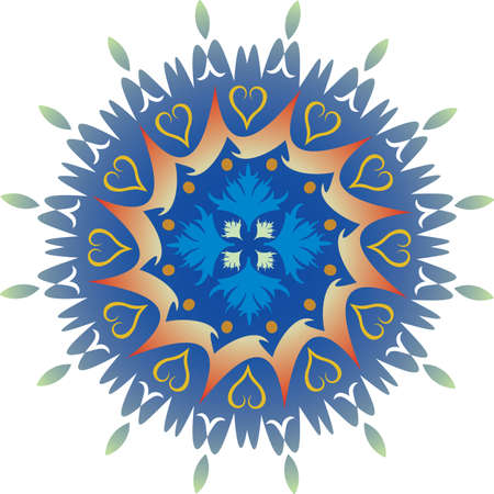 Single Mandala with Foliage Hearts in Green and Blue Colors. Vectorのイラスト素材