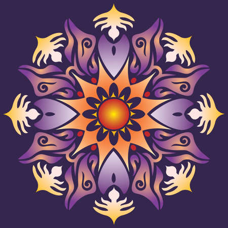 Single Mandala - Abstract Geometry Shapes in Violet Orange Colors on Background. Vectorのイラスト素材