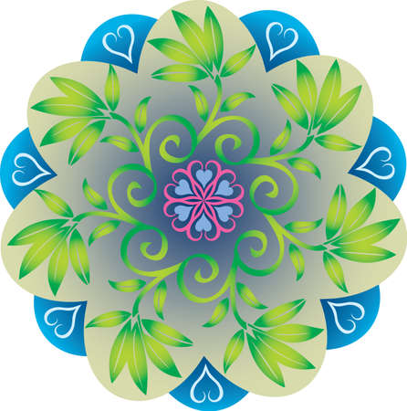 Single Mandala with Foliage Leaves Hearts Natural Green and Blue Colors. Vectorのイラスト素材