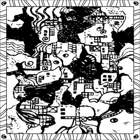 Coloring Page Book for Adults Square Format Landscape Map Style Design Vector Patternのイラスト素材