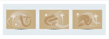 3 Abstract Designs Contemporary Art Face Hands Palm Tree Nature Bubble Doodles Hand Drawn Card Postcard Gold Sand Ivory Colorsのイラスト素材