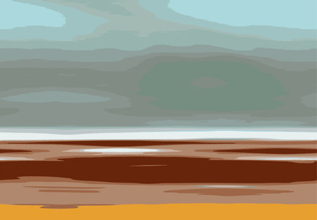 Abstract Landscape Art Illustration with Beach, Sky Clouds and Ocean Vector - Blue and Golden Colorsのイラスト素材