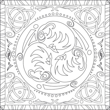 Coloring Page Illustration in Square Format for Adults, Triskelion Celtic Knot Mandala Designのイラスト素材