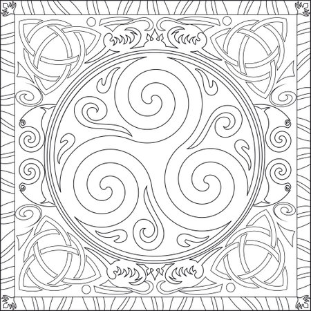 Coloring Page Illustration in Square Format for Adults, Triskelion Celtic Knot Mandala Designのイラスト素材