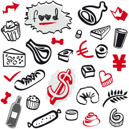 Set of Doodles - Food Elements and Objects Black and Redのイラスト素材