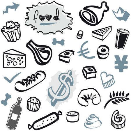 Set of Doodles - Food Elements and Objects Black and Blue Bottle, Wine and Pastriesのイラスト素材