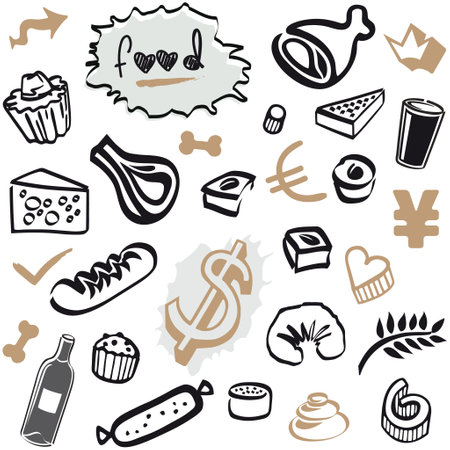 Set of Doodles - Food Elements and Objects Black and Beige Sand Bottle, Wine and Pastriesのイラスト素材