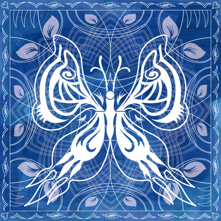 White Butterfly Illustration on Blue Illustration with Foliage and Mandala Backgroundの写真素材
