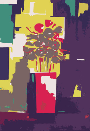 Vector Illustration from Modern Painting Red Bouquet Abstract Flowers Vase Original Artwork Multicoloredのイラスト素材
