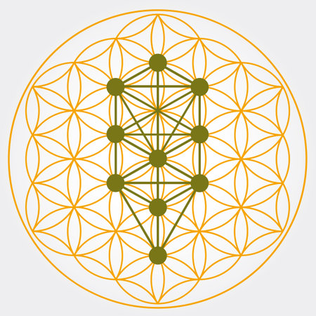 Flower of Life Symbol in Yellow and Green Colors, Cosmic Universe Energy Wheel, Tree of Sephiroth, Kabbalahのイラスト素材