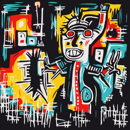 Vector Illustration Street Art Painting Modern Vivid Primary Colors on Black Backgroundのイラスト素材