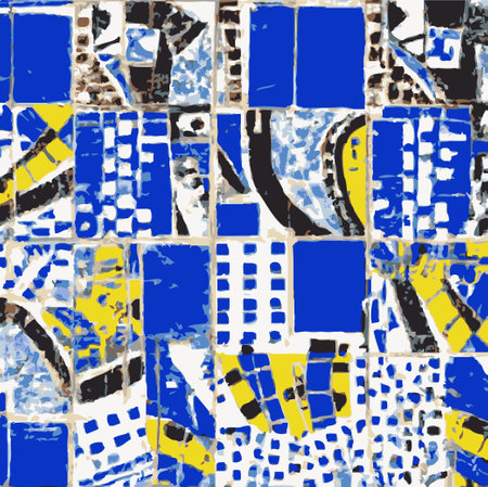 Vector Illustration Abstract Tile Mosaic Decoration Design Intricate Collage Blue and Yellow Colors Modern Paintingのイラスト素材