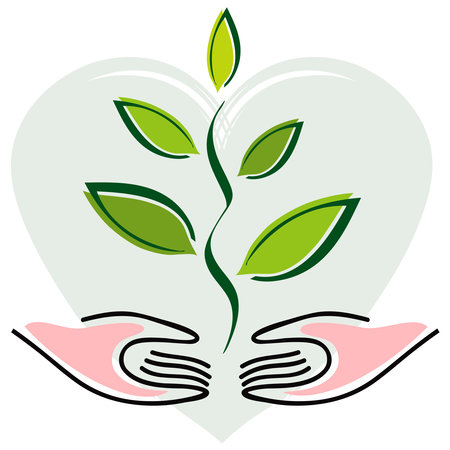 Hands and Plant on Heart Background, Love Nature Sustainability Symbolのイラスト素材