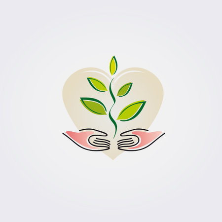 Human hands holding green sprout with leaves in heart shape. Vector illustration.のイラスト素材