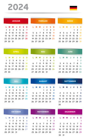 2024 Calendar with Boxes in Rainbow Colors 3 Columns - German Languageのイラスト素材