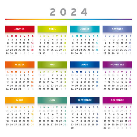 2024 Calendar with Boxes in Rainbow Colors 4 Columns - French Languageのイラスト素材