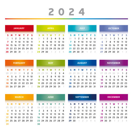 2024 Calendar with Boxes in Rainbow Colors 4 Columns - English Languageのイラスト素材