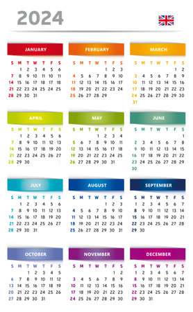 2024 Calendar with Boxes in Rainbow Colors 3 Columns - English Languageのイラスト素材